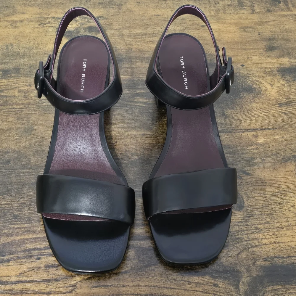 Tory Burch Black Double T City 55MM Leather Block Heel Sandal Size 9